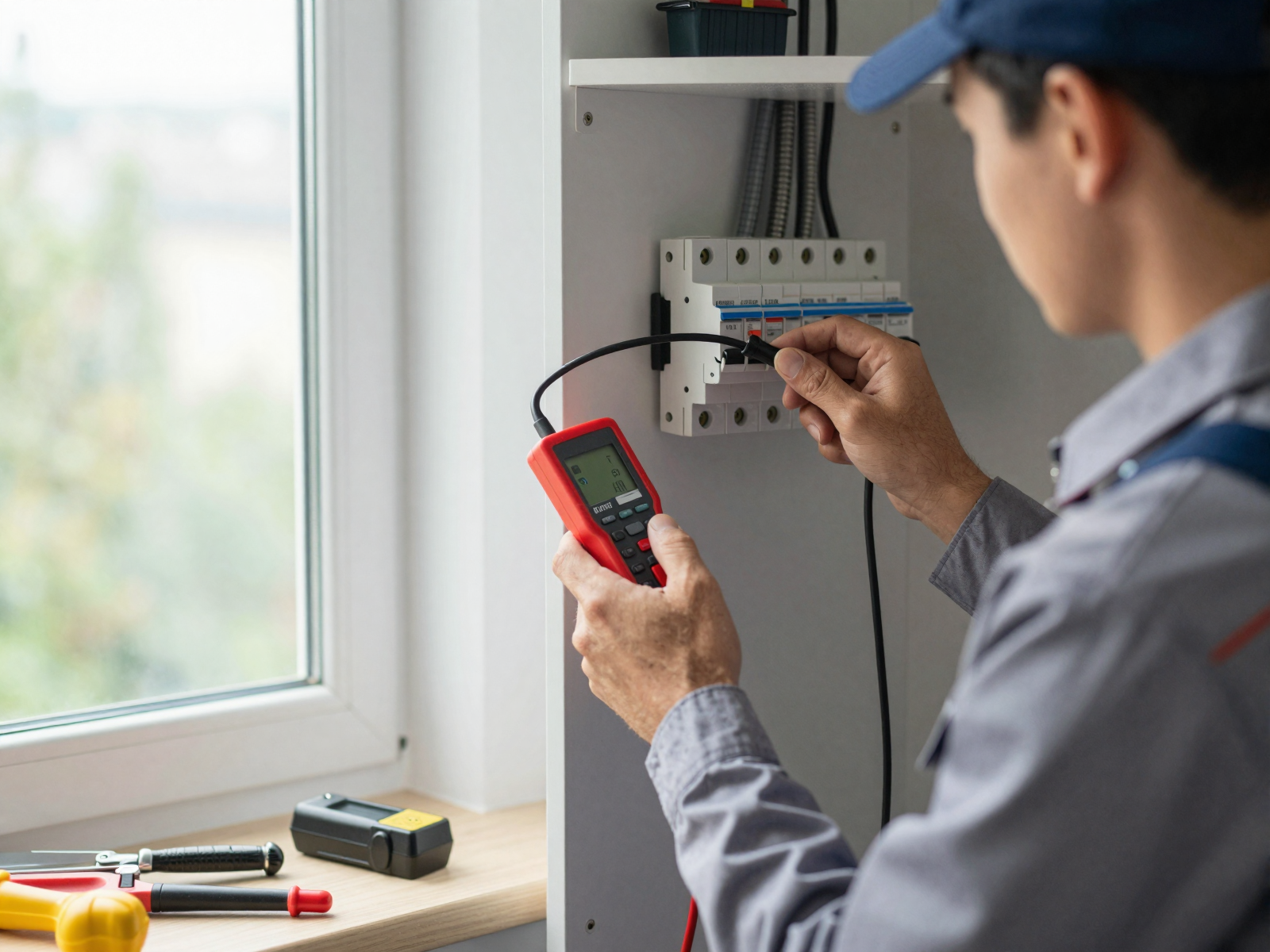 Electrician installing circuit breaker in utility closet