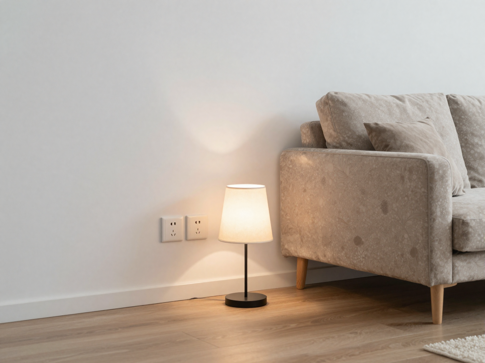 Finished living room with properly installed electrical outlet